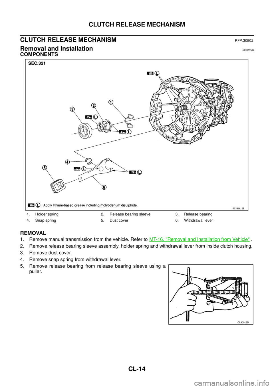 NISSAN NAVARA 2005 Repair Workshop Manual CL-14
CLUTCH RELEASE MECHANISM
CLUTCH RELEASE MECHANISM
PFP:30502
Removal and InstallationECS00ICQ
COMPONENTS
REMOVAL
1. Remove manual transmission from the vehicle. Refer toMT-16, "Removal and Instal NISSAN NAVARA 2005 Repair Workshop Manual CL-14
CLUTCH RELEASE MECHANISM
CLUTCH RELEASE MECHANISM
PFP:30502
Removal and InstallationECS00ICQ
COMPONENTS
REMOVAL
1. Remove manual transmission from the vehicle. Refer toMT-16, "Removal and Instal
