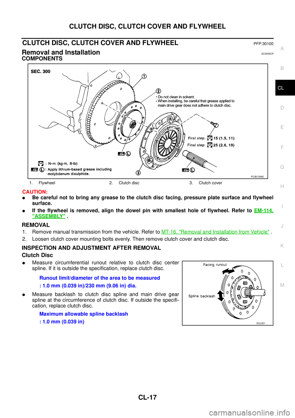 NISSAN NAVARA 2005 Repair Workshop Manual CLUTCH DISC, CLUTCH COVER AND FLYWHEEL
CL-17
D
E
F
G
H
I
J
K
L
MA
B
CL
CLUTCH DISC, CLUTCH COVER AND FLYWHEELPFP:30100
Removal and InstallationECS00ICR
COMPONENTS
CAUTION:
lBe careful not to bring any NISSAN NAVARA 2005 Repair Workshop Manual CLUTCH DISC, CLUTCH COVER AND FLYWHEEL
CL-17
D
E
F
G
H
I
J
K
L
MA
B
CL
CLUTCH DISC, CLUTCH COVER AND FLYWHEELPFP:30100
Removal and InstallationECS00ICR
COMPONENTS
CAUTION:
lBe careful not to bring any