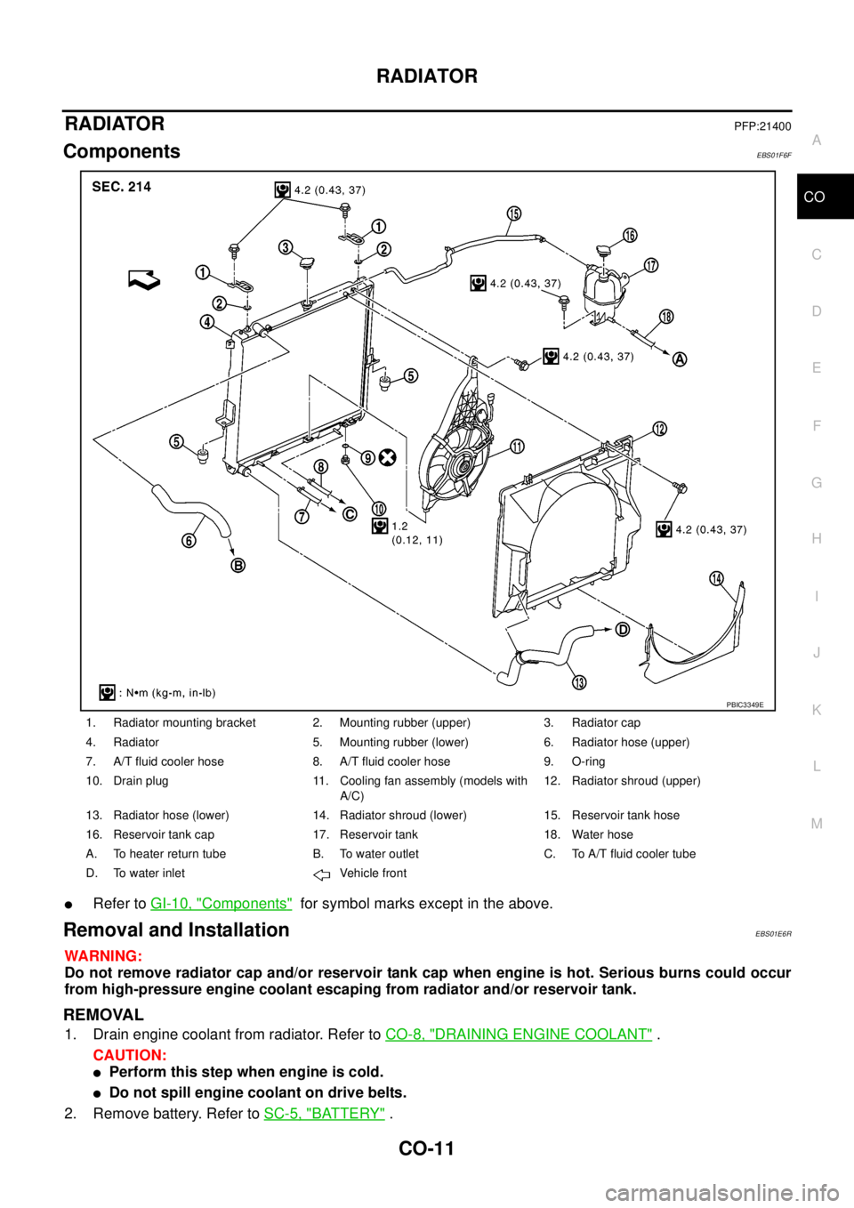 NISSAN NAVARA 2005 Repair Workshop Manual RADIATOR
CO-11
C
D
E
F
G
H
I
J
K
L
MA
CO
RADIATORPFP:21400
ComponentsEBS01F6F
lRefer toGI-10, "Components"for symbol marks except in the above.
Removal and InstallationEBS01E6R
WARNING:
Do not remove NISSAN NAVARA 2005 Repair Workshop Manual RADIATOR
CO-11
C
D
E
F
G
H
I
J
K
L
MA
CO
RADIATORPFP:21400
ComponentsEBS01F6F
lRefer toGI-10, "Components"for symbol marks except in the above.
Removal and InstallationEBS01E6R
WARNING:
Do not remove