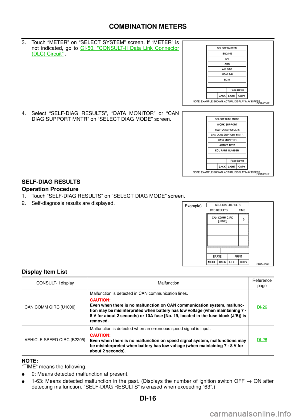 NISSAN NAVARA 2005 Repair Workshop Manual DI-16
COMBINATION METERS
3. Touch “METER” on “SELECT SYSTEM” screen. If “METER” is
not indicated, go toGI-50, "
CONSULT-II Data Link Connector
(DLC) Circuit".
4. Select “SELF-DIAG RESULT NISSAN NAVARA 2005 Repair Workshop Manual DI-16
COMBINATION METERS
3. Touch “METER” on “SELECT SYSTEM” screen. If “METER” is
not indicated, go toGI-50, "
CONSULT-II Data Link Connector
(DLC) Circuit".
4. Select “SELF-DIAG RESULT