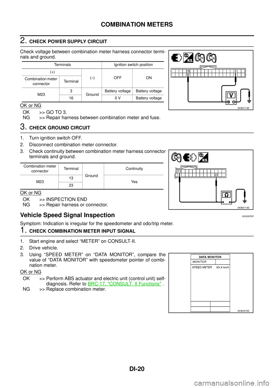 NISSAN NAVARA 2005 Repair Workshop Manual DI-20
COMBINATION METERS
2.CHECK POWER SUPPLY CIRCUIT
Check voltage between combination meter harness connector termi-
nals and ground.
OK or NG
OK >> GO TO 3.
NG >> Repair harness between combination NISSAN NAVARA 2005 Repair Workshop Manual DI-20
COMBINATION METERS
2.CHECK POWER SUPPLY CIRCUIT
Check voltage between combination meter harness connector termi-
nals and ground.
OK or NG
OK >> GO TO 3.
NG >> Repair harness between combination