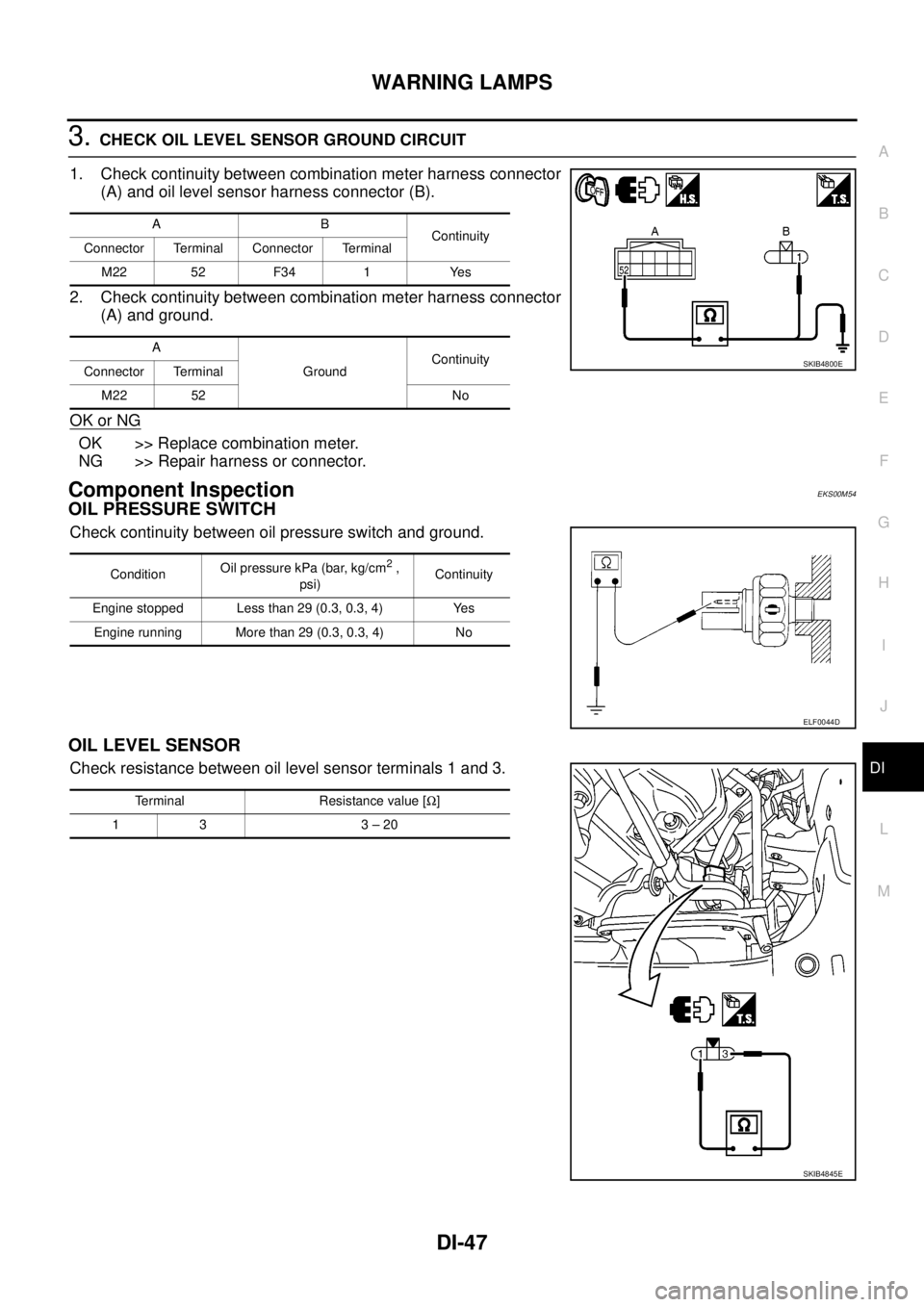 NISSAN NAVARA 2005  Repair Workshop Manual WARNING LAMPS
DI-47
C
D
E
F
G
H
I
J
L
MA
B
DI
3.CHECK OIL LEVEL SENSOR GROUND CIRCUIT
1. Check continuity between combination meter harness connector
(A) and oil level sensor harness connector (B).
2.