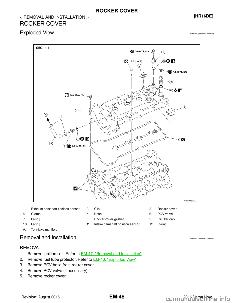NISSAN NOTE 2016  Service Repair Manual EM-48
< REMOVAL AND INSTALLATION >[HR16DE]
ROCKER COVER
ROCKER COVER
Exploded ViewINFOID:0000000012431716
Removal and InstallationINFOID:0000000012431717
REMOVAL
1. Remove ignition coil. Refer to 
EM-