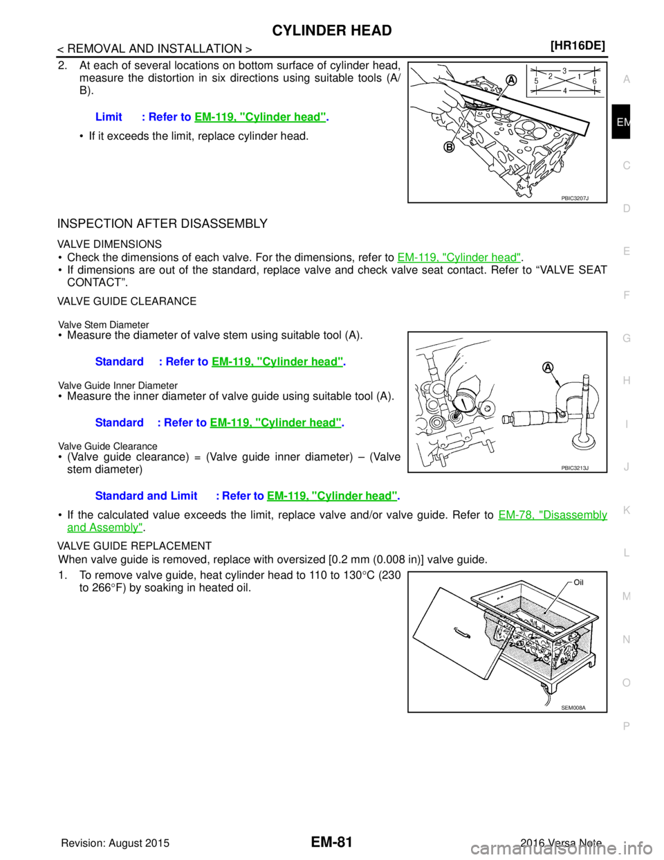 NISSAN NOTE 2016  Service Repair Manual CYLINDER HEADEM-81
< REMOVAL AND INSTALLATION > [HR16DE]
C
D
E
F
G H
I
J
K L
M A
EM
NP
O
2. At each of several locations on bottom surface of cylinder head,
measure the distortion in six directions us
