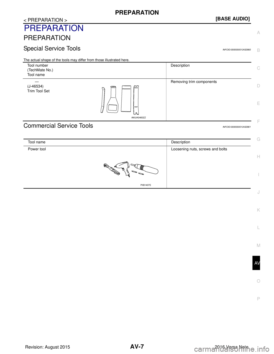 NISSAN NOTE 2016  Service Repair Manual AV
PREPARATIONAV-7
< PREPARATION > [BASE AUDIO]
C
D
E
F
G H
I
J
K L
M B A
O P
PREPARATION
PREPARATION
Special Service ToolsINFOID:0000000012432860
The actual shape of the tools may di ffer from those 