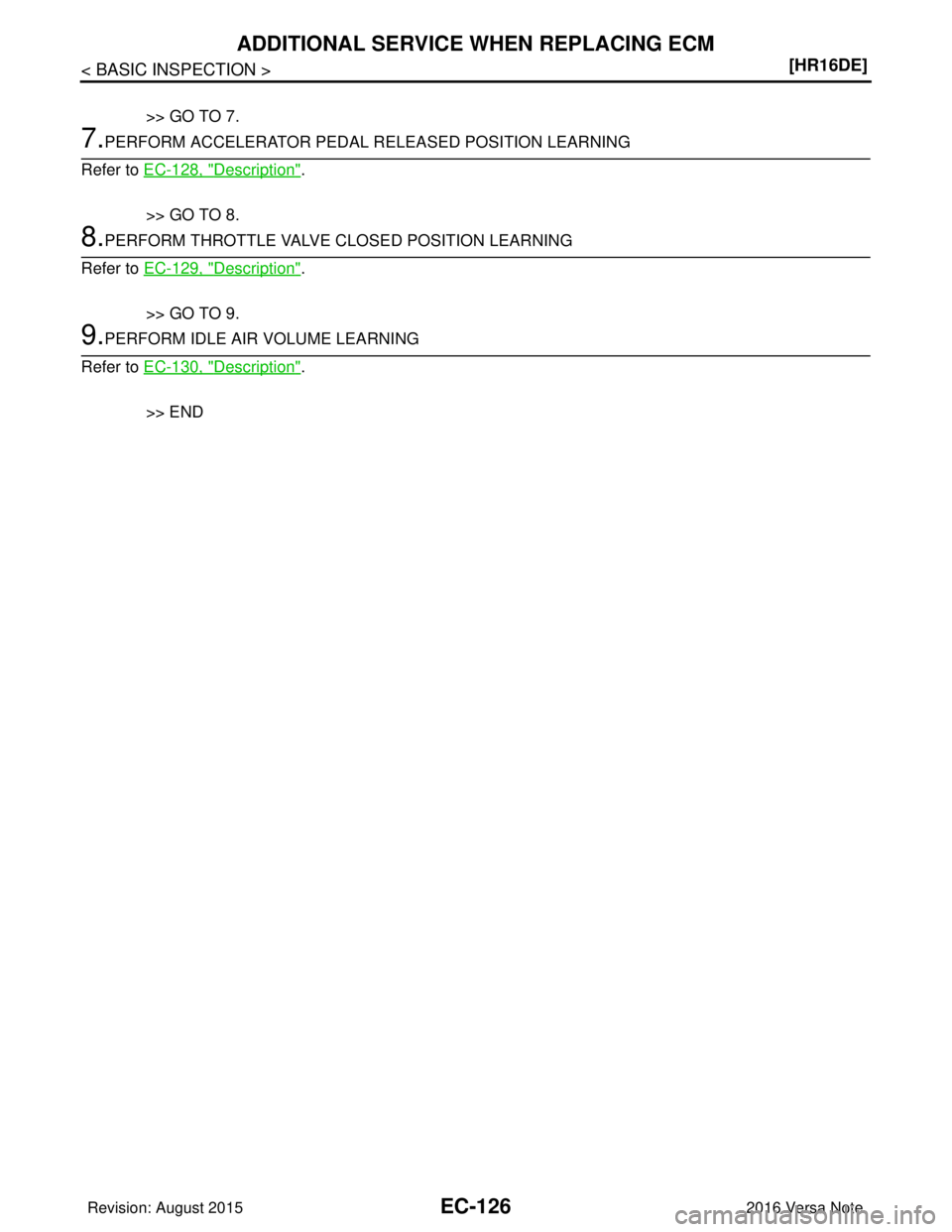 NISSAN NOTE 2016  Service Repair Manual EC-126
< BASIC INSPECTION >[HR16DE]
ADDITIONAL SERVICE WHEN REPLACING ECM
>> GO TO 7.
7.PERFORM ACCELERATOR PEDAL RE
LEASED POSITION LEARNING
Refer to  EC-128, "
Description".
>> GO TO 8.
8.PERFORM TH