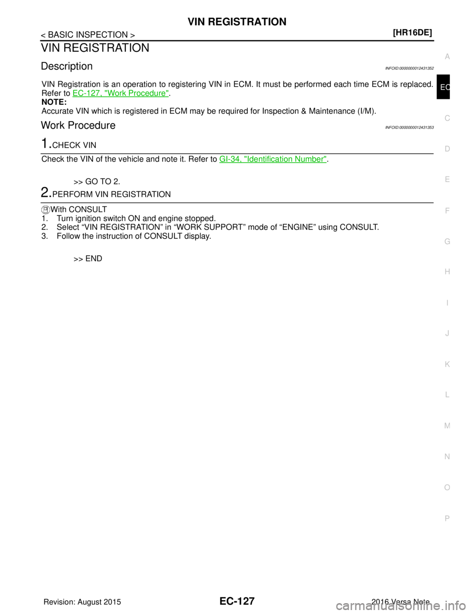 NISSAN NOTE 2016  Service Repair Manual VIN REGISTRATIONEC-127
< BASIC INSPECTION > [HR16DE]
C
D
E
F
G H
I
J
K L
M A
EC
NP
O
VIN REGISTRATION
DescriptionINFOID:0000000012431352
VIN Registration is an operation to registering VIN in 
ECM. It