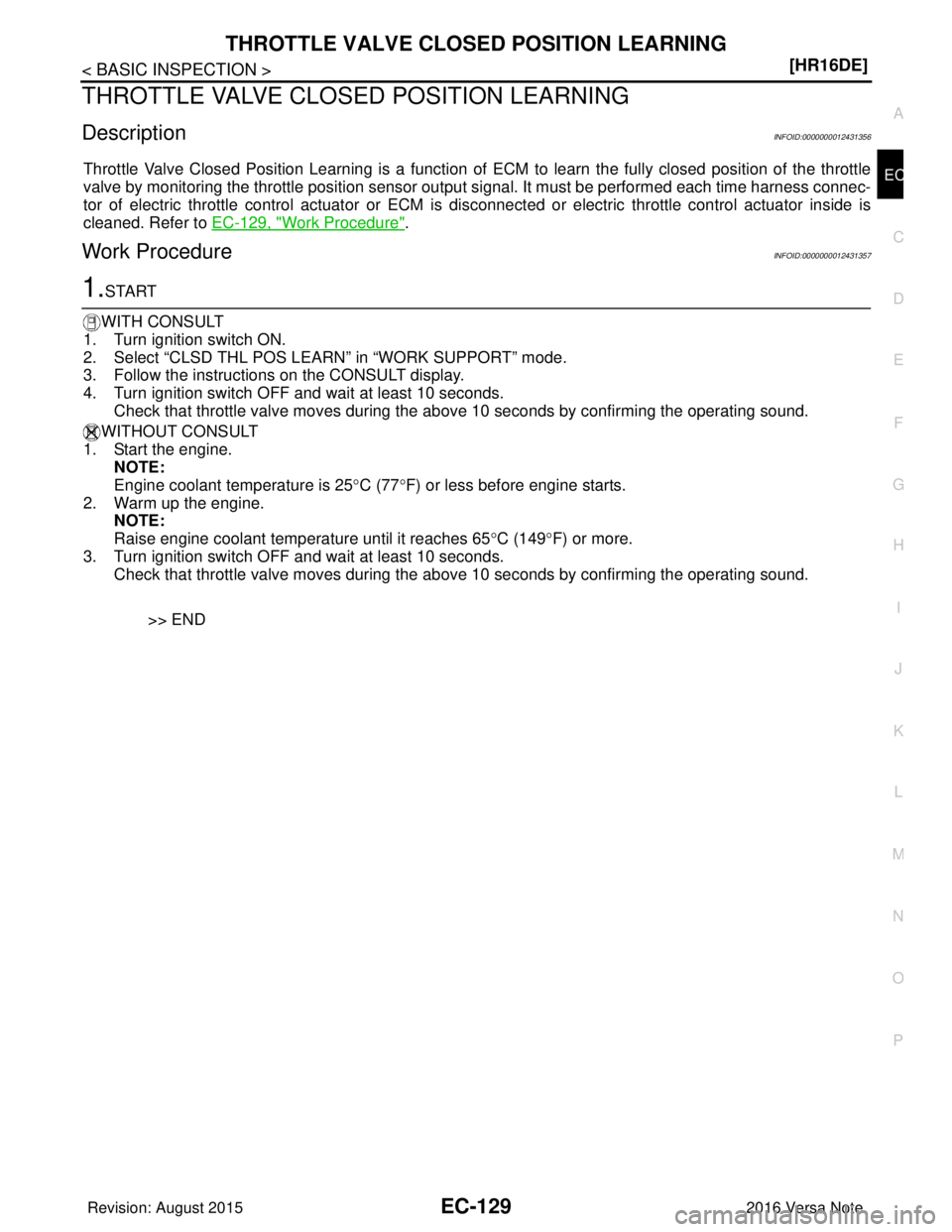 NISSAN NOTE 2016  Service Repair Manual THROTTLE VALVE CLOSED POSITION LEARNINGEC-129
< BASIC INSPECTION > [HR16DE]
C
D
E
F
G H
I
J
K L
M A
EC
NP
O
THROTTLE VALVE CLOSED
 POSITION LEARNING
DescriptionINFOID:0000000012431356
Throttle Valve C