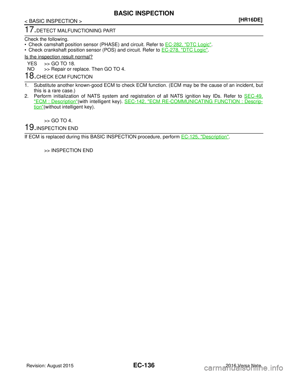 NISSAN NOTE 2016  Service Repair Manual EC-136
< BASIC INSPECTION >[HR16DE]
BASIC INSPECTION
17.DETECT MALFUNCTIONING PART
Check the following.
• Check camshaft position sensor (PHASE) and circuit. Refer to  EC-282, "
DTC Logic".
• Chec