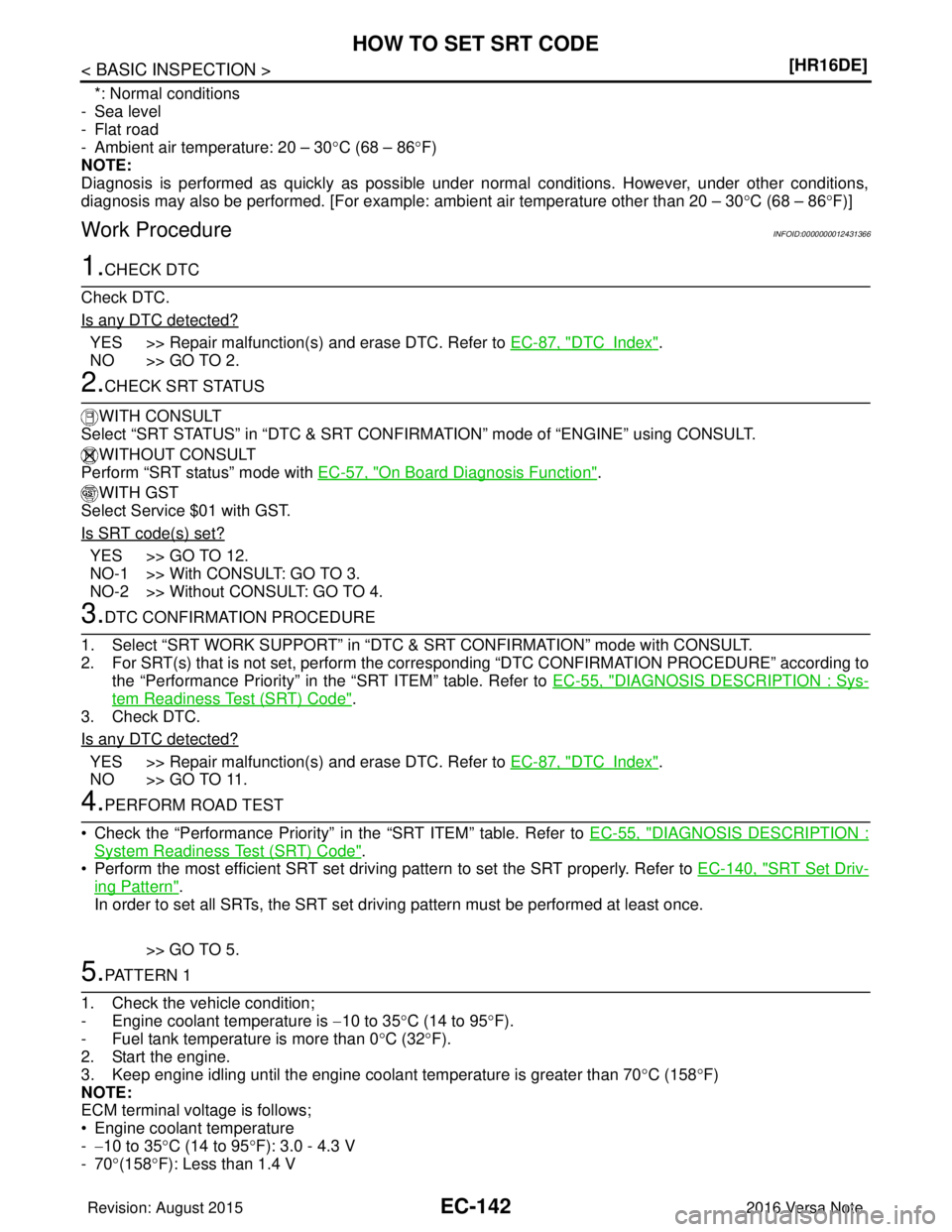 NISSAN NOTE 2016  Service Repair Manual EC-142
< BASIC INSPECTION >[HR16DE]
HOW TO SET SRT CODE
*: Normal conditions
- Sea level
- Flat road
- Ambient air temperature: 20 – 30 °C (68 – 86 °F)
NOTE:
Diagnosis is performed as quickly as