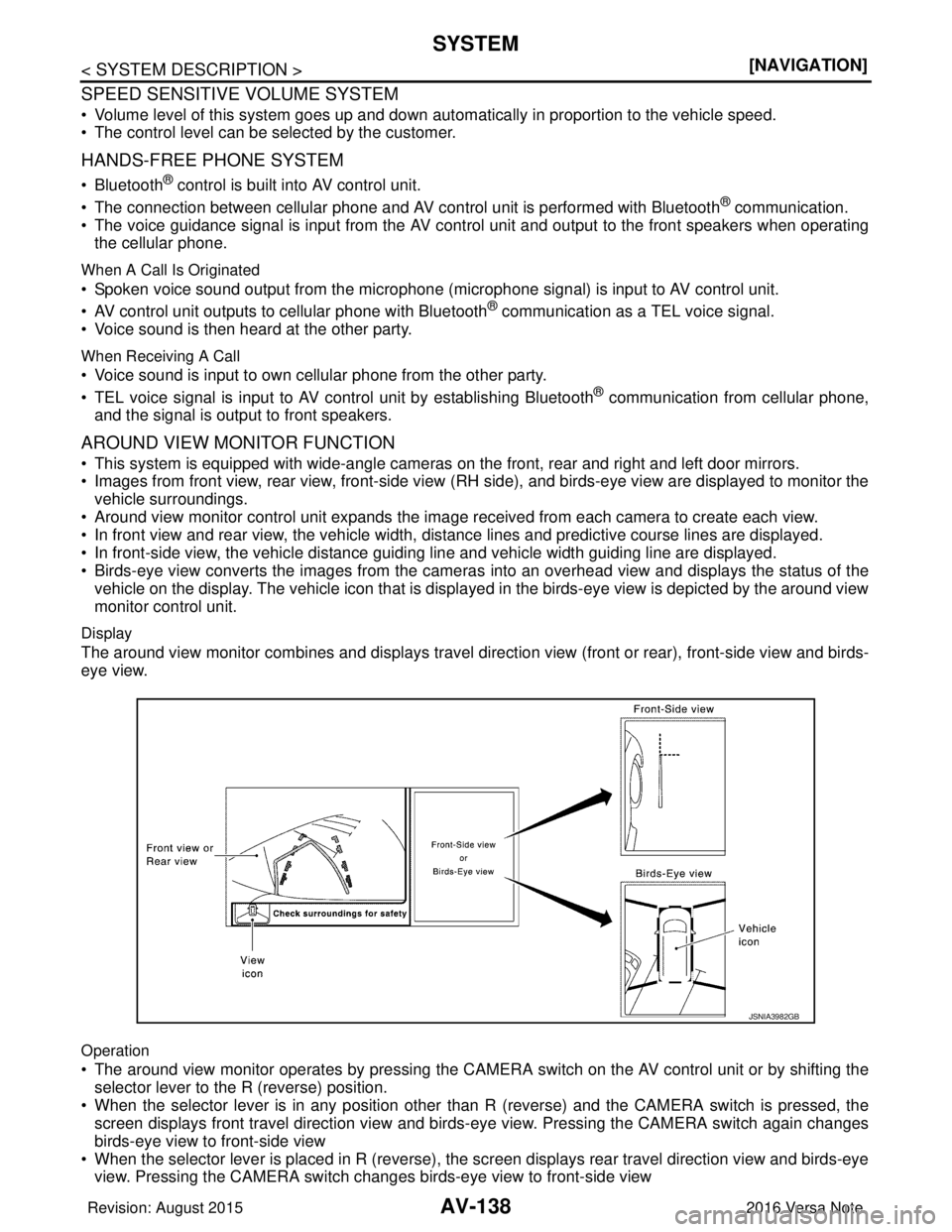 NISSAN NOTE 2016  Service Repair Manual AV-138
< SYSTEM DESCRIPTION >[NAVIGATION]
SYSTEM
SPEED SENSITIVE VOLUME SYSTEM
• Volume level of this system goes up and down aut
omatically in proportion to the vehicle speed.
• The control level