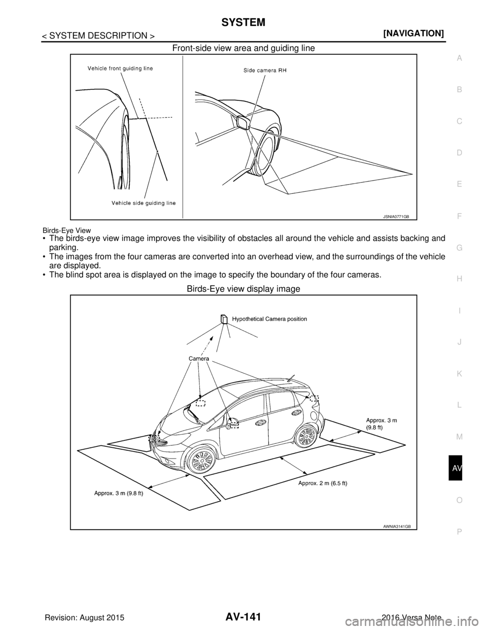 NISSAN NOTE 2016  Service Repair Manual AV
SYSTEMAV-141
< SYSTEM DESCRIPTION > [NAVIGATION]
C
D
E
F
G H
I
J
K L
M B A
O P
Front-side view area and guiding line
Birds-Eye View• The birds-eye view image improves the visibility of  obstacles