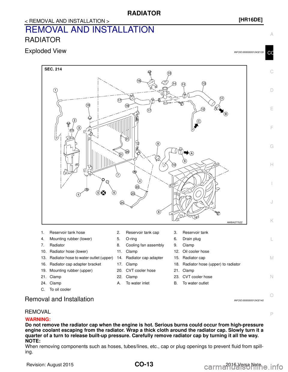NISSAN NOTE 2016  Service Repair Manual RADIATORCO-13
< REMOVAL AND INSTALLATION > [HR16DE]
C
D
E
F
G H
I
J
K L
M A
CO
NP
O
REMOVAL AND INSTALLATION
RADIATOR
Exploded ViewINFOID:0000000012432139
Removal and InstallationINFOID:00000000124321