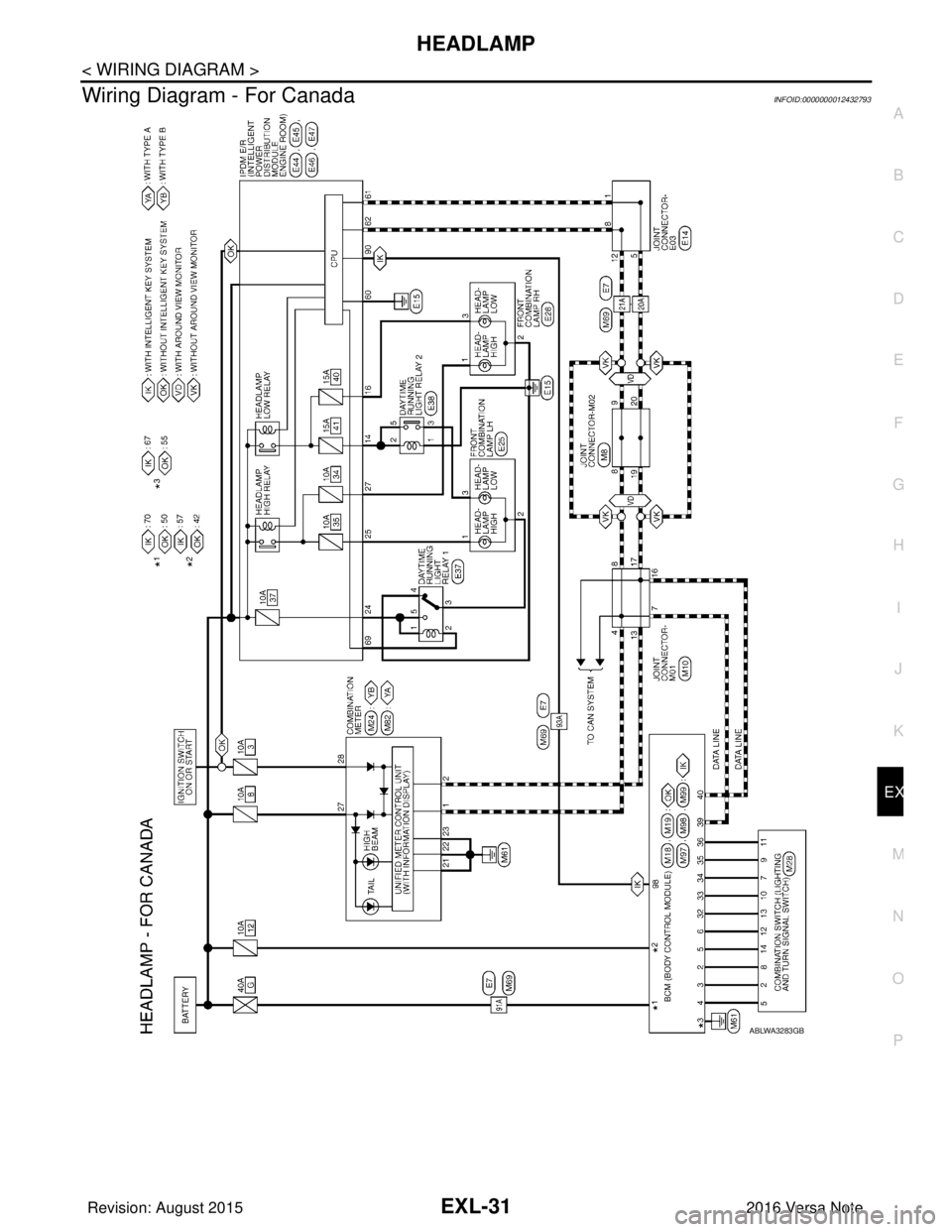 NISSAN NOTE 2016 Service Repair Manual HEADLAMPEXL-31
< WIRING DIAGRAM >
C
DE
F
G H
I
J
K
M A
B
EXL
N
O P
Wiring Diagram - For CanadaINFOID:0000000012432793
ABLWA3283GB
Revision: August 2015 2016 Versa Note
cardiagn.com NISSAN NOTE 2016 Service Repair Manual HEADLAMPEXL-31
< WIRING DIAGRAM >
C
DE
F
G H
I
J
K
M A
B
EXL
N
O P
Wiring Diagram - For CanadaINFOID:0000000012432793
ABLWA3283GB
Revision: August 2015 2016 Versa Note
cardiagn.com