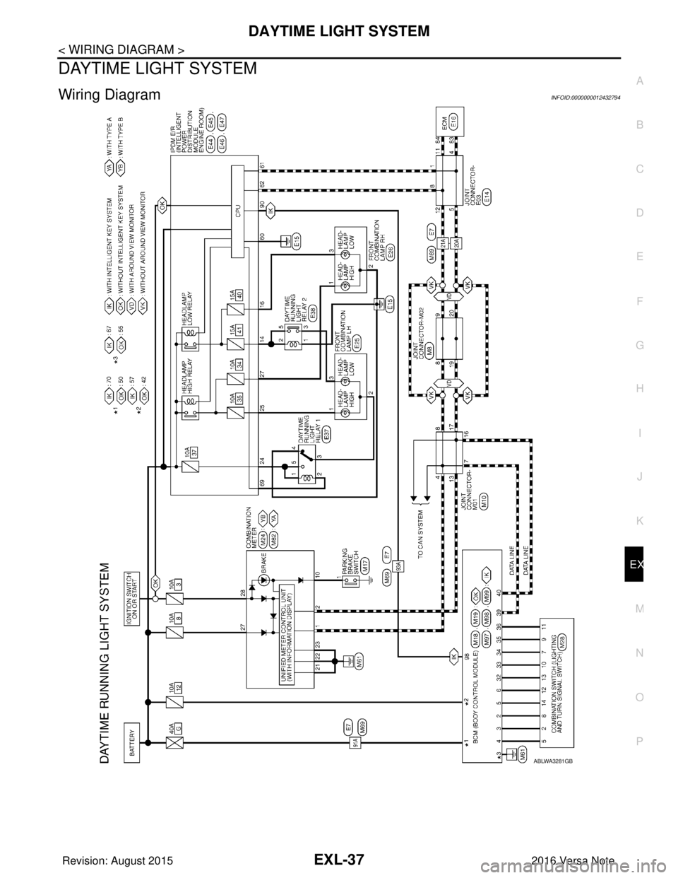 NISSAN NOTE 2016 Service Repair Manual DAYTIME LIGHT SYSTEMEXL-37
< WIRING DIAGRAM >
C
DE
F
G H
I
J
K
M A
B
EXL
N
O P
DAYTIME LIGHT SYSTEM
Wiring DiagramINFOID:0000000012432794
ABLWA3281GB
Revision: August 2015 2016 Versa Note
cardiagn.co NISSAN NOTE 2016 Service Repair Manual DAYTIME LIGHT SYSTEMEXL-37
< WIRING DIAGRAM >
C
DE
F
G H
I
J
K
M A
B
EXL
N
O P
DAYTIME LIGHT SYSTEM
Wiring DiagramINFOID:0000000012432794
ABLWA3281GB
Revision: August 2015 2016 Versa Note
cardiagn.co
