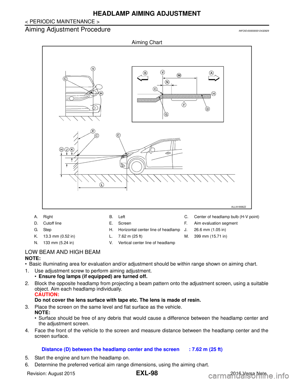 NISSAN NOTE 2016  Service Repair Manual EXL-98
< PERIODIC MAINTENANCE >
HEADLAMP AIMING ADJUSTMENT
Aiming Adjustment Procedure
INFOID:0000000012432829
Aiming Chart
LOW BEAM AND HIGH BEAM
NOTE:
• Basic illuminating area for evaluation and/