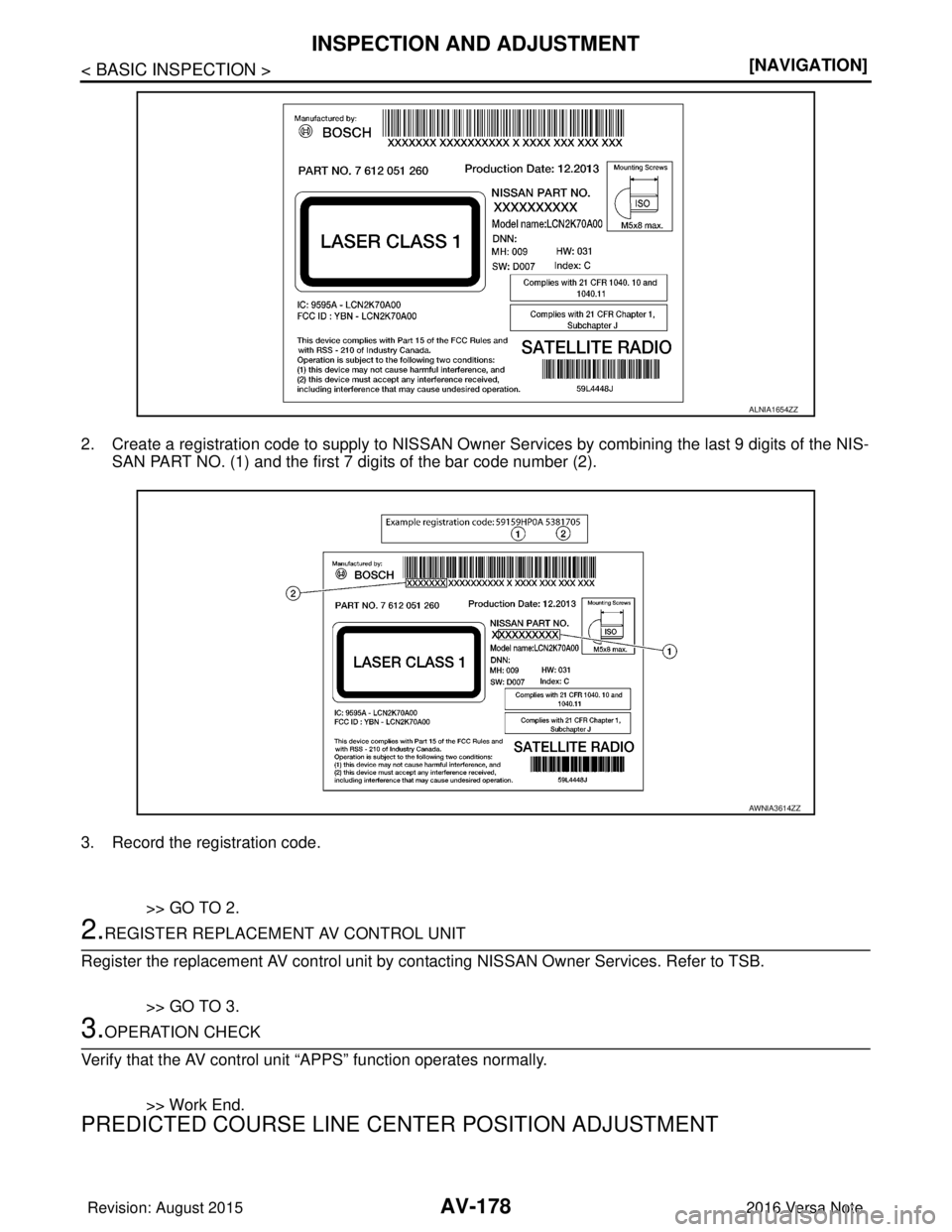 NISSAN NOTE 2016  Service Repair Manual AV-178
< BASIC INSPECTION >[NAVIGATION]
INSPECTION AND ADJUSTMENT
2. Create a registration code to supply to NISSAN Owner Se
rvices by combining the last 9 digits of the NIS-
SAN PART NO. (1) and the 