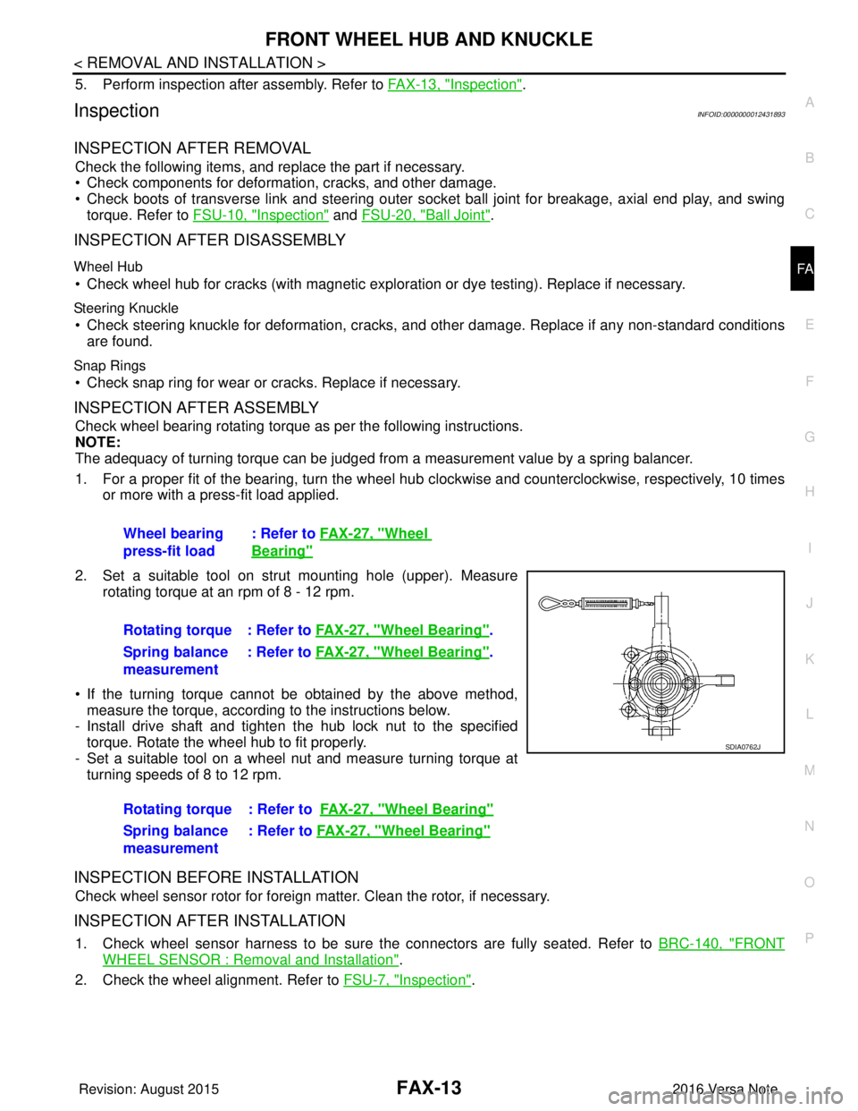 NISSAN NOTE 2016  Service Repair Manual FRONT WHEEL HUB AND KNUCKLEFAX-13
< REMOVAL AND INSTALLATION >
CEF
G H
I
J
K L
M A
B
FA X
N
O P
5. Perform inspection after assembly. Refer to FAX-13, "Inspection".
InspectionINFOID:0000000012431893
I