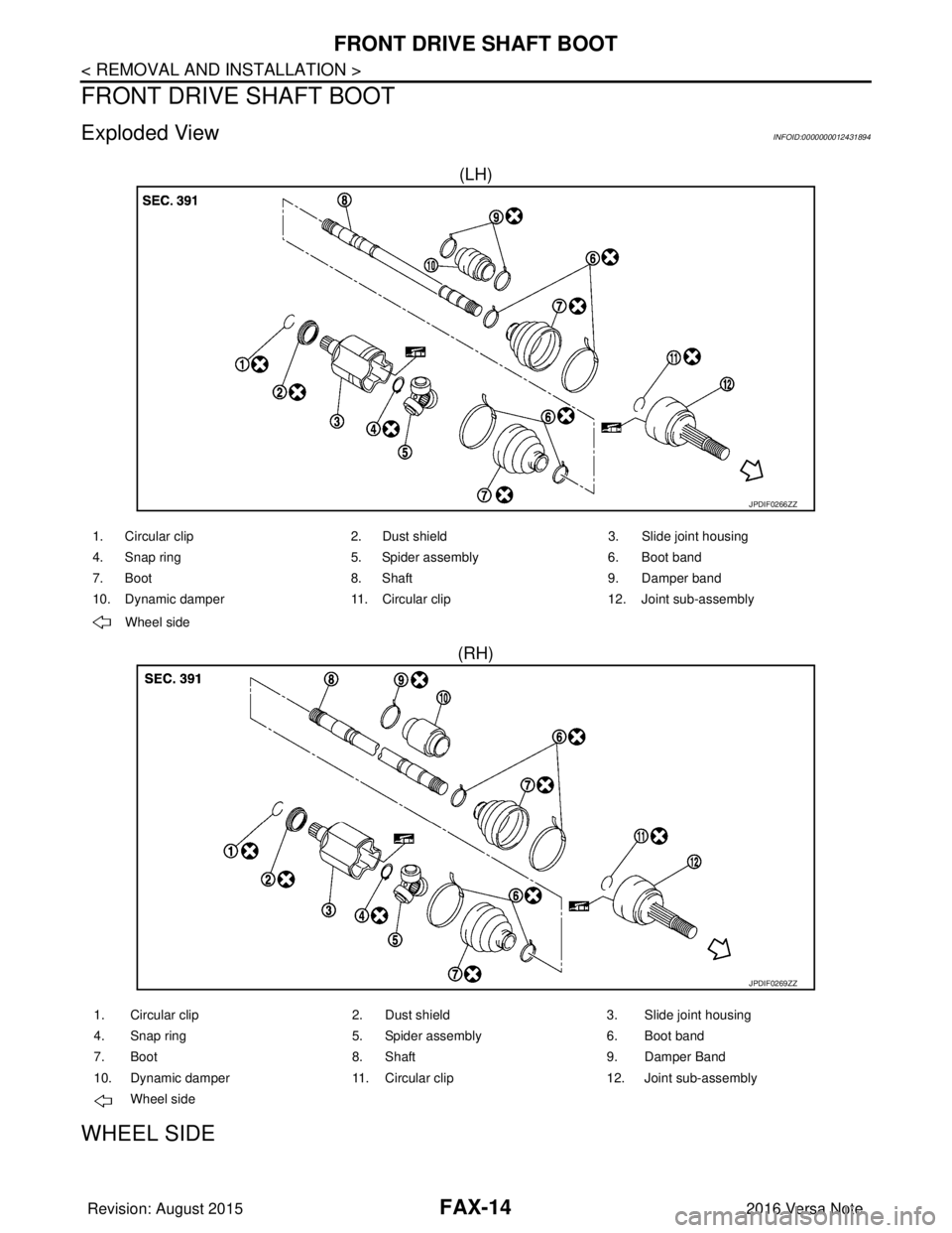 NISSAN NOTE 2016  Service Repair Manual FAX-14
< REMOVAL AND INSTALLATION >
FRONT DRIVE SHAFT BOOT
FRONT DRIVE SHAFT BOOT
Exploded ViewINFOID:0000000012431894
(LH)
(RH)
WHEEL SIDE
JPDIF0266ZZ
1. Circular clip 2. Dust shield3. Slide joint ho