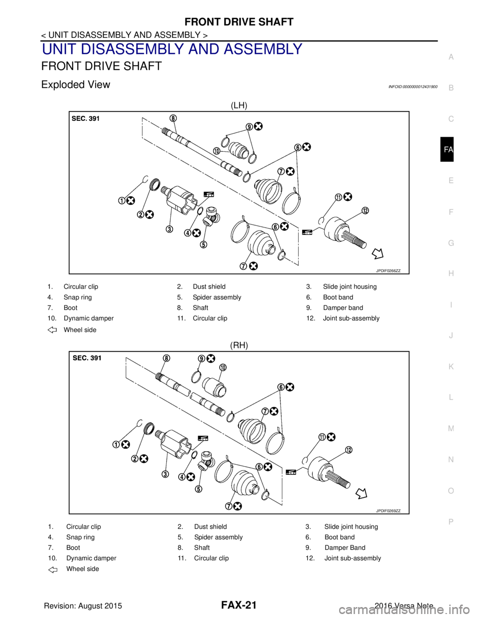 NISSAN NOTE 2016  Service Repair Manual FRONT DRIVE SHAFTFAX-21
< UNIT DISASSEMBLY AND ASSEMBLY >
CEF
G H
I
J
K L
M A
B
FA X
N
O P
UNIT DISASSEMBLY AND ASSEMBLY
FRONT DRIVE SHAFT
Exploded ViewINFOID:0000000012431900
(LH)
(RH)
JPDIF0266ZZ
1.