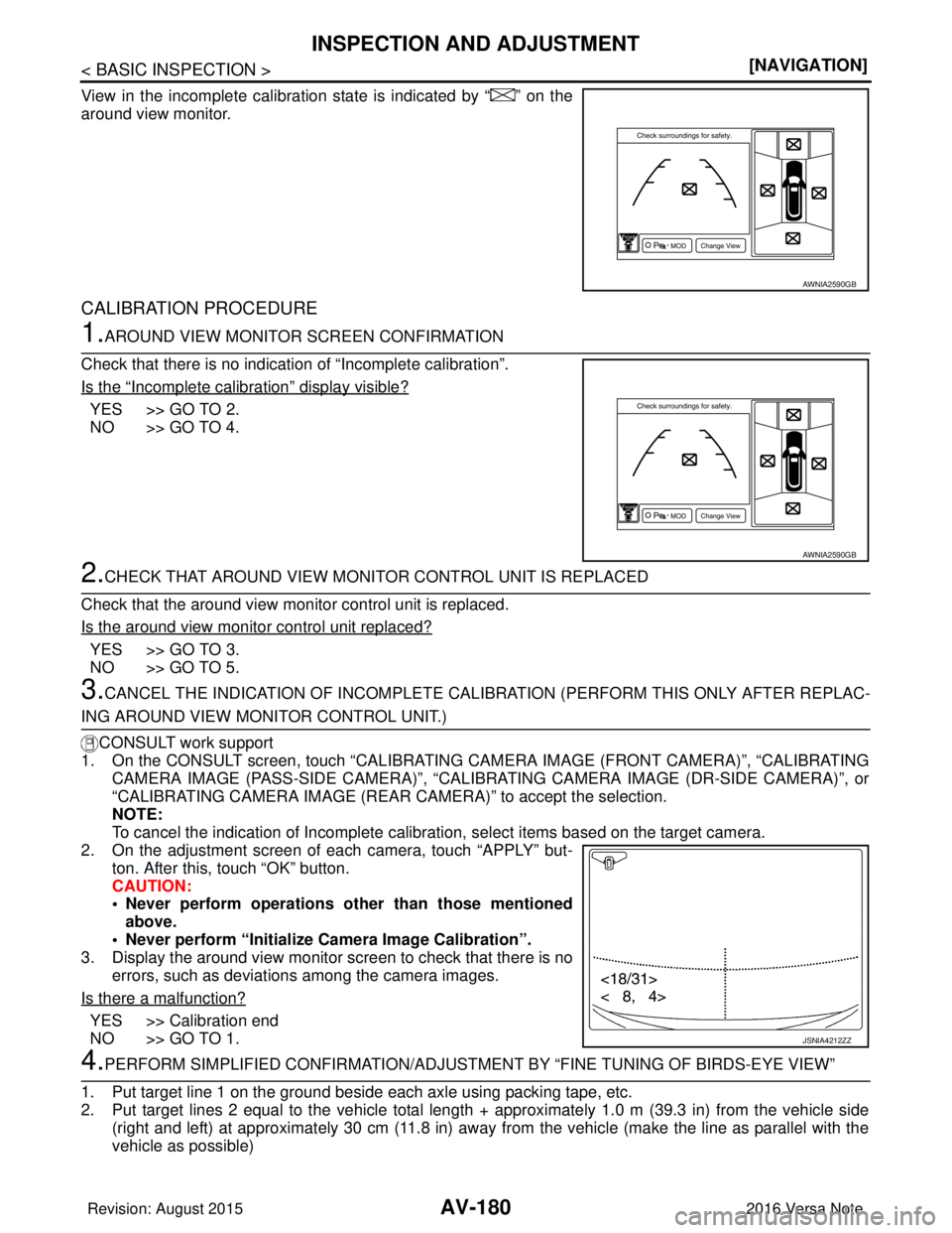 NISSAN NOTE 2016  Service Repair Manual AV-180
< BASIC INSPECTION >[NAVIGATION]
INSPECTION AND ADJUSTMENT
View in the incomplete calibration state is indicated by “ ” on the
around view monitor.
CALIBRATION PROCEDURE
1.AROUND VIEW MONIT