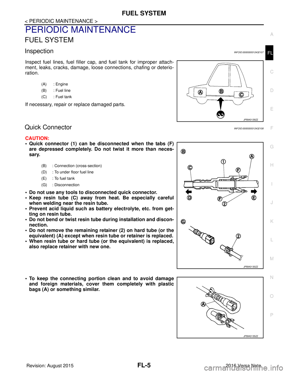 NISSAN NOTE 2016 Service Repair Manual FUEL SYSTEMFL-5
< PERIODIC MAINTENANCE >
C
DE
F
G H
I
J
K L
M A
FL
NP
O
PERIODIC MAINTENANCE
FUEL SYSTEM
InspectionINFOID:0000000012432107
Inspect fuel lines, fuel filler cap,
and fuel tank for impro NISSAN NOTE 2016 Service Repair Manual FUEL SYSTEMFL-5
< PERIODIC MAINTENANCE >
C
DE
F
G H
I
J
K L
M A
FL
NP
O
PERIODIC MAINTENANCE
FUEL SYSTEM
InspectionINFOID:0000000012432107
Inspect fuel lines, fuel filler cap,
and fuel tank for impro