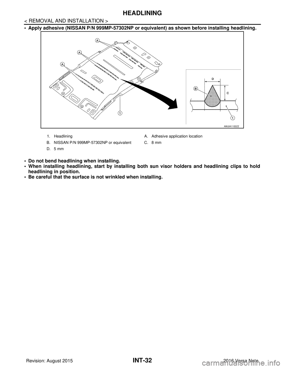NISSAN NOTE 2016  Service Repair Manual INT-32
< REMOVAL AND INSTALLATION >
HEADLINING
• Apply adhesive (NISSAN P/N 999MP-57302NP or equivalent) as shown before installing headlining.
• Do not bend headlining when installing.
• When i