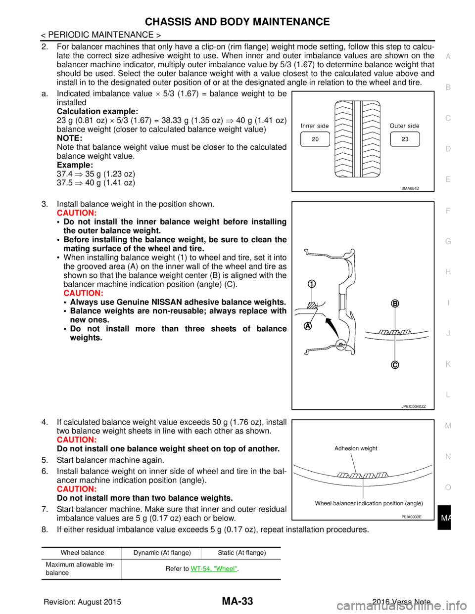 NISSAN NOTE 2016  Service Repair Manual CHASSIS AND BODY MAINTENANCEMA-33
< PERIODIC MAINTENANCE >
C
DE
F
G H
I
J
K L
M B
MA
N
O A
2. For balancer machines that only have a clip-on (rim fl
ange) weight mode setting, follow this step to calc