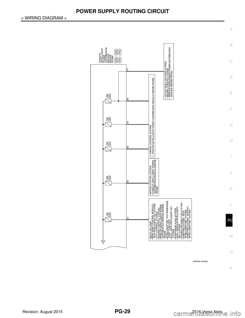 NISSAN NOTE 2016 Service Repair Manual PG
POWER SUPPLY ROUTING CIRCUITPG-29
< WIRING DIAGRAM >
C
DE
F
G H
I
J
K L
B A
O P
N
AAMWA1404GB
Revision: August 2015
2016 Versa Note
cardiagn.com NISSAN NOTE 2016 Service Repair Manual PG
POWER SUPPLY ROUTING CIRCUITPG-29
< WIRING DIAGRAM >
C
DE
F
G H
I
J
K L
B A
O P
N
AAMWA1404GB
Revision: August 2015
2016 Versa Note
cardiagn.com
