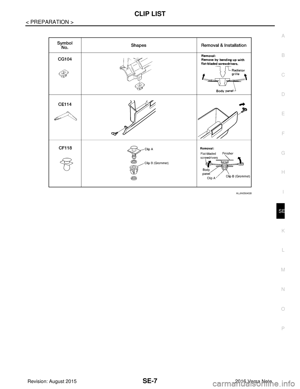 NISSAN NOTE 2016 Service Repair Manual CLIP LISTSE-7
< PREPARATION >
C
DE
F
G H
I
K L
M A
B
SE
N
O P
ALJIA0564GB
Revision: August 2015 2016 Versa Note
cardiagn.com NISSAN NOTE 2016 Service Repair Manual CLIP LISTSE-7
< PREPARATION >
C
DE
F
G H
I
K L
M A
B
SE
N
O P
ALJIA0564GB
Revision: August 2015 2016 Versa Note
cardiagn.com