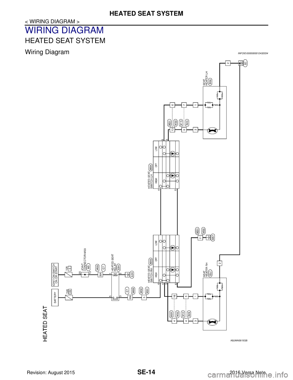 NISSAN NOTE 2016 Service Repair Manual SE-14
< WIRING DIAGRAM >
HEATED SEAT SYSTEM
WIRING DIAGRAM
HEATED SEAT SYSTEM
Wiring DiagramINFOID:0000000012432034
ABJWA0615GB
Revision: August 20152016 Versa Note
cardiagn.com NISSAN NOTE 2016 Service Repair Manual SE-14
< WIRING DIAGRAM >
HEATED SEAT SYSTEM
WIRING DIAGRAM
HEATED SEAT SYSTEM
Wiring DiagramINFOID:0000000012432034
ABJWA0615GB
Revision: August 20152016 Versa Note
cardiagn.com