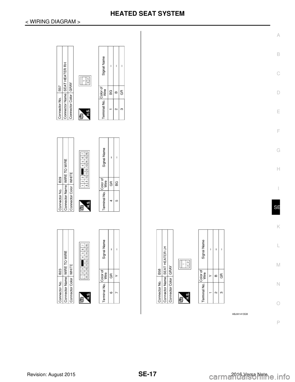 NISSAN NOTE 2016 Service Repair Manual HEATED SEAT SYSTEMSE-17
< WIRING DIAGRAM >
C
DE
F
G H
I
K L
M A
B
SE
N
O P
ABJIA1413GB
Revision: August 2015 2016 Versa Note
cardiagn.com NISSAN NOTE 2016 Service Repair Manual HEATED SEAT SYSTEMSE-17
< WIRING DIAGRAM >
C
DE
F
G H
I
K L
M A
B
SE
N
O P
ABJIA1413GB
Revision: August 2015 2016 Versa Note
cardiagn.com