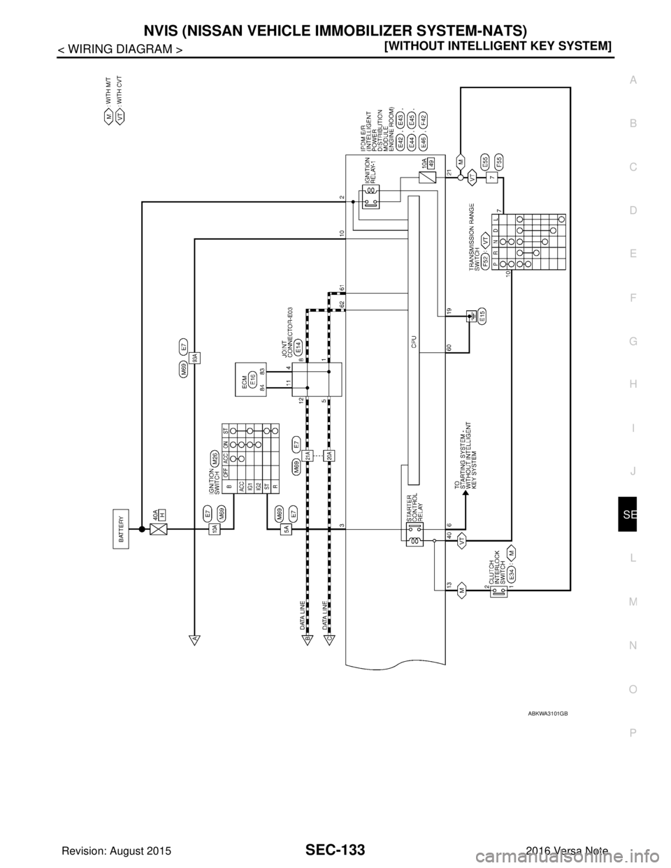 NISSAN NOTE 2016  Service Repair Manual NVIS (NISSAN VEHICLE IMMOBILIZER SYSTEM-NATS)
SEC-133
< WIRING DIAGRAM > [WITHOUT INTELLIGENT KEY SYSTEM]
C
D
E
F
G H
I
J
L
M A
B
SEC
N
O P
ABKWA3101GB
Revision: August 2015 2016 Versa Note

cardiagn.
