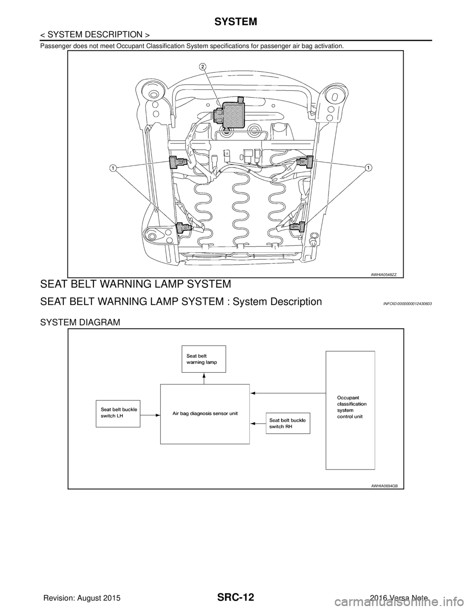 NISSAN NOTE 2016 Service Repair Manual SRC-12
< SYSTEM DESCRIPTION >
SYSTEM
Passenger does not meet Occupant Classification System specifications for passenger air bag activation.
SEAT BELT WARNING LAMP SYSTEM
SEAT BELT WARNING LAMP SYSTEM NISSAN NOTE 2016 Service Repair Manual SRC-12
< SYSTEM DESCRIPTION >
SYSTEM
Passenger does not meet Occupant Classification System specifications for passenger air bag activation.
SEAT BELT WARNING LAMP SYSTEM
SEAT BELT WARNING LAMP SYSTEM