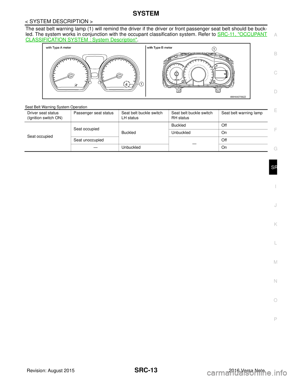 NISSAN NOTE 2016 Service Repair Manual SYSTEMSRC-13
< SYSTEM DESCRIPTION >
C
DE
F
G
I
J
K L
M A
B
SRC
N
O P
The seat belt warning lamp (1) will remind the driver if the driver or front passenger seat belt should be buck-
led. The system wo NISSAN NOTE 2016 Service Repair Manual SYSTEMSRC-13
< SYSTEM DESCRIPTION >
C
DE
F
G
I
J
K L
M A
B
SRC
N
O P
The seat belt warning lamp (1) will remind the driver if the driver or front passenger seat belt should be buck-
led. The system wo