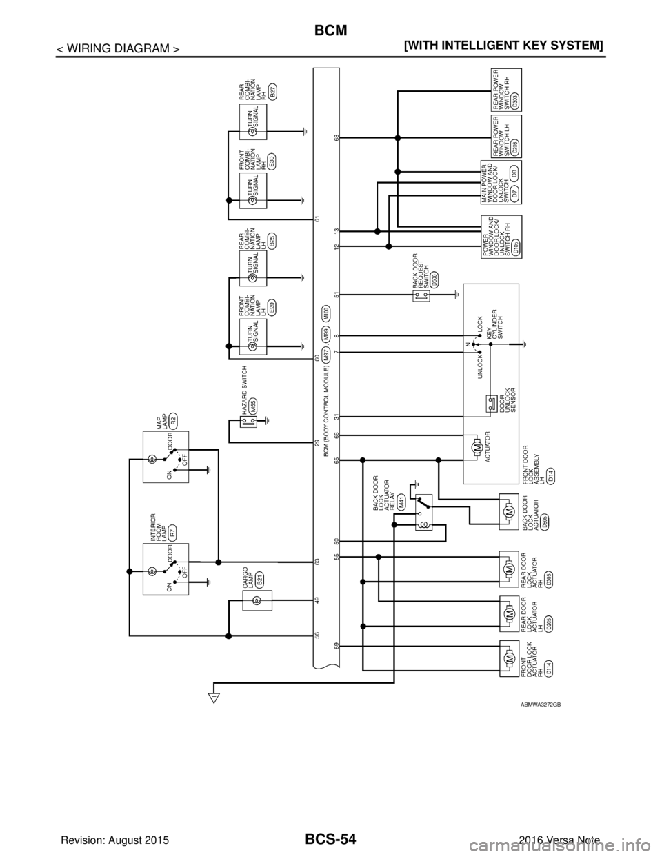 NISSAN NOTE 2016  Service Repair Manual BCS-54
< WIRING DIAGRAM >[WITH INTELLIGENT KEY SYSTEM]
BCM
ABMWA3272GB
Revision: August 2015
2016 Versa Note

cardiagn.com  