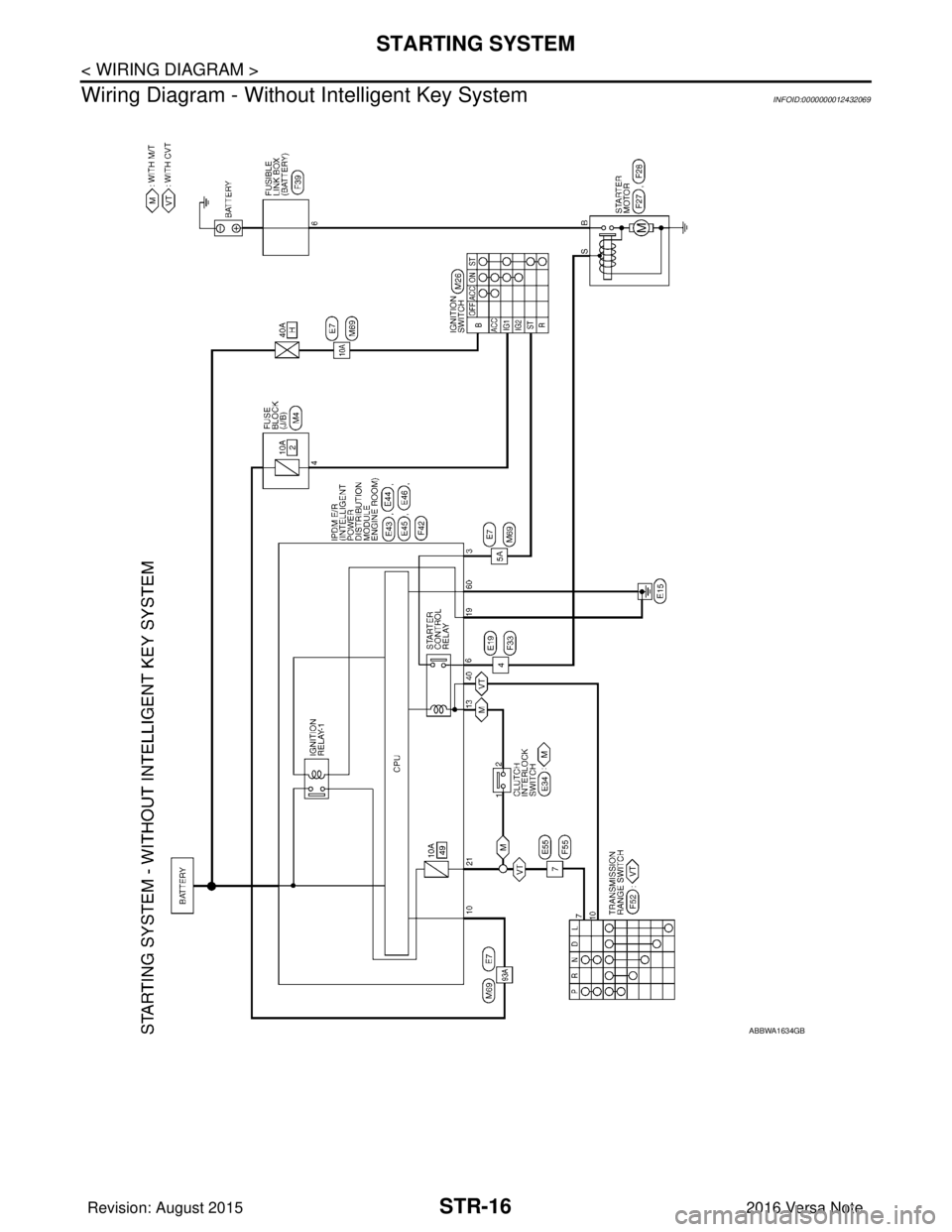 NISSAN NOTE 2016 Service Repair Manual STR-16
< WIRING DIAGRAM >
STARTING SYSTEM
Wiring Diagram - Without Intelligent Key System
INFOID:0000000012432069
ABBWA1634GB
Revision: August 2015 2016 Versa Note
cardiagn.com NISSAN NOTE 2016 Service Repair Manual STR-16
< WIRING DIAGRAM >
STARTING SYSTEM
Wiring Diagram - Without Intelligent Key System
INFOID:0000000012432069
ABBWA1634GB
Revision: August 2015 2016 Versa Note
cardiagn.com