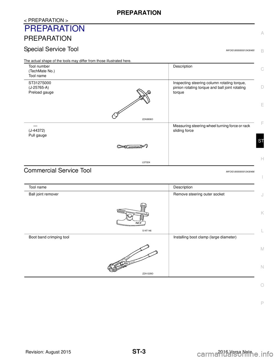 NISSAN NOTE 2016 Service Repair Manual PREPARATIONST-3
< PREPARATION >
C
DE
F
H I
J
K L
M A
B
ST
N
O P
PREPARATION
PREPARATION
Special Service ToolINFOID:0000000012430495
The actual shape of the tools may di ffer from those illustrated her NISSAN NOTE 2016 Service Repair Manual PREPARATIONST-3
< PREPARATION >
C
DE
F
H I
J
K L
M A
B
ST
N
O P
PREPARATION
PREPARATION
Special Service ToolINFOID:0000000012430495
The actual shape of the tools may di ffer from those illustrated her
