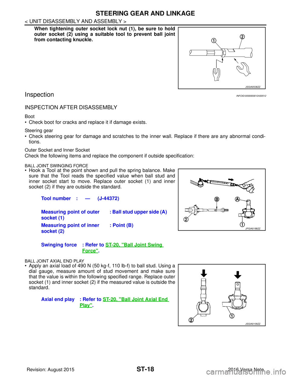 NISSAN NOTE 2016  Service Repair Manual ST-18
< UNIT DISASSEMBLY AND ASSEMBLY >
STEERING GEAR AND LINKAGE
When tightening outer socket lock nut (1), be sure to hold
outer socket (2) using a suitable  tool to prevent ball joint
from contacti