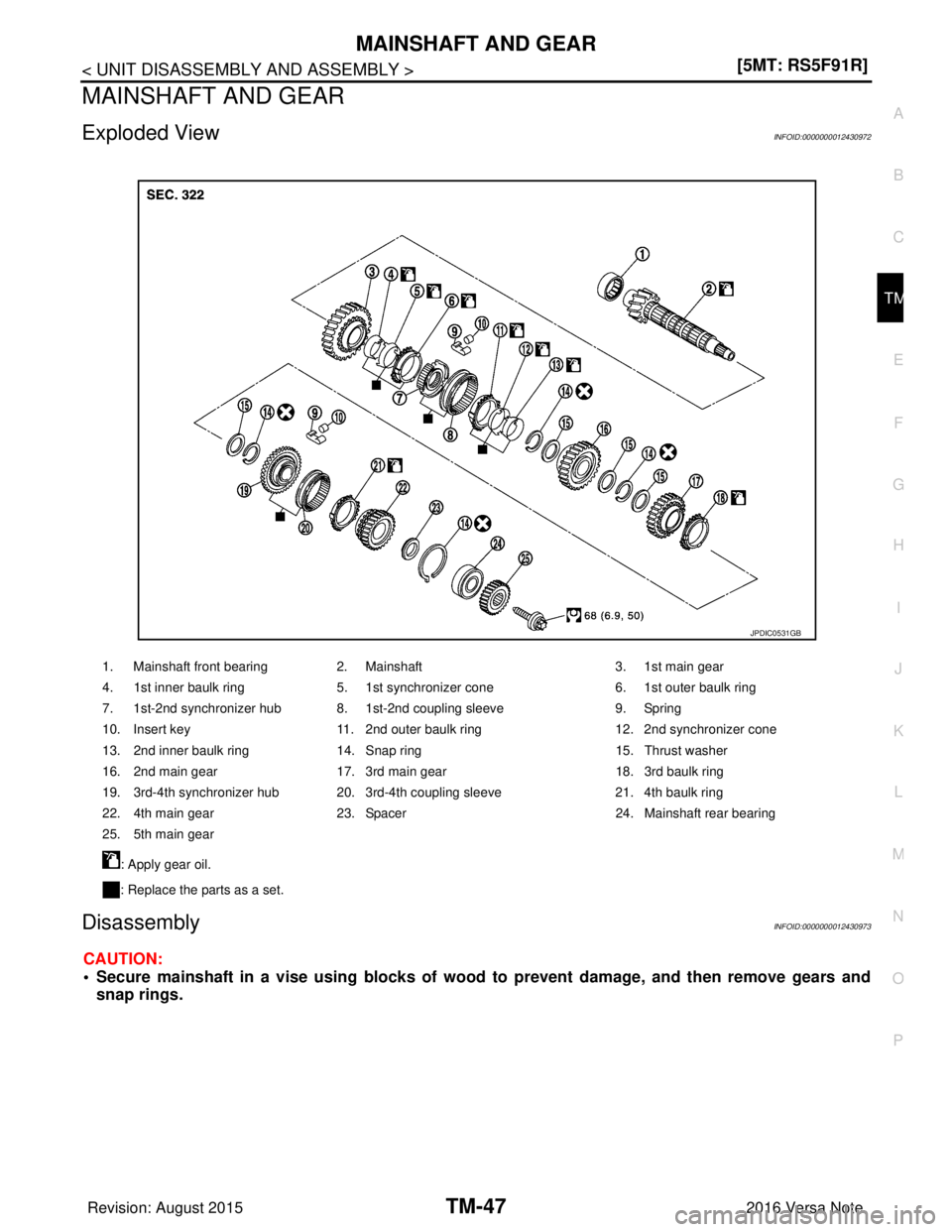 NISSAN NOTE 2016  Service Repair Manual MAINSHAFT AND GEARTM-47
< UNIT DISASSEMBLY AND ASSEMBLY > [5MT: RS5F91R]
C
EF
G H
I
J
K L
M A
B
TM
N
O P
MAINSHAFT AND GEAR
Exploded ViewINFOID:0000000012430972
DisassemblyINFOID:0000000012430973
CAUT
