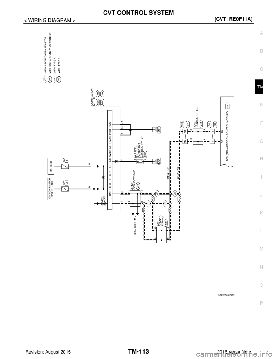NISSAN NOTE 2016  Service Repair Manual CVT CONTROL SYSTEMTM-113
< WIRING DIAGRAM > [CVT: RE0F11A]
C
EF
G H
I
J
K L
M A
B
TM
N
O P
ABDWA0915GB
Revision: August 2015 2016 Versa Note

cardiagn.com  