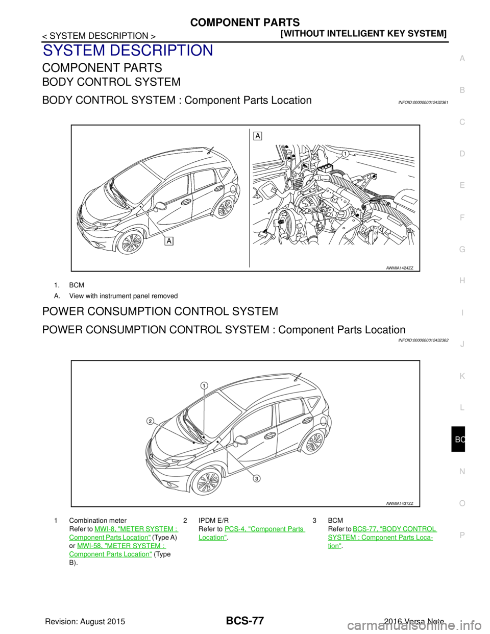 NISSAN NOTE 2016  Service Repair Manual BCS
COMPONENT PARTSBCS-77
< SYSTEM DESCRIPTION > [WITHOUT INTELLIGENT KEY SYSTEM]
C
D
E
F
G H
I
J
K L
B A
O P
N
SYSTEM DESCRIPTION
COMPONENT PARTS
BODY CONTROL SYSTEM
BODY CONTROL SYSTEM : 
Component 