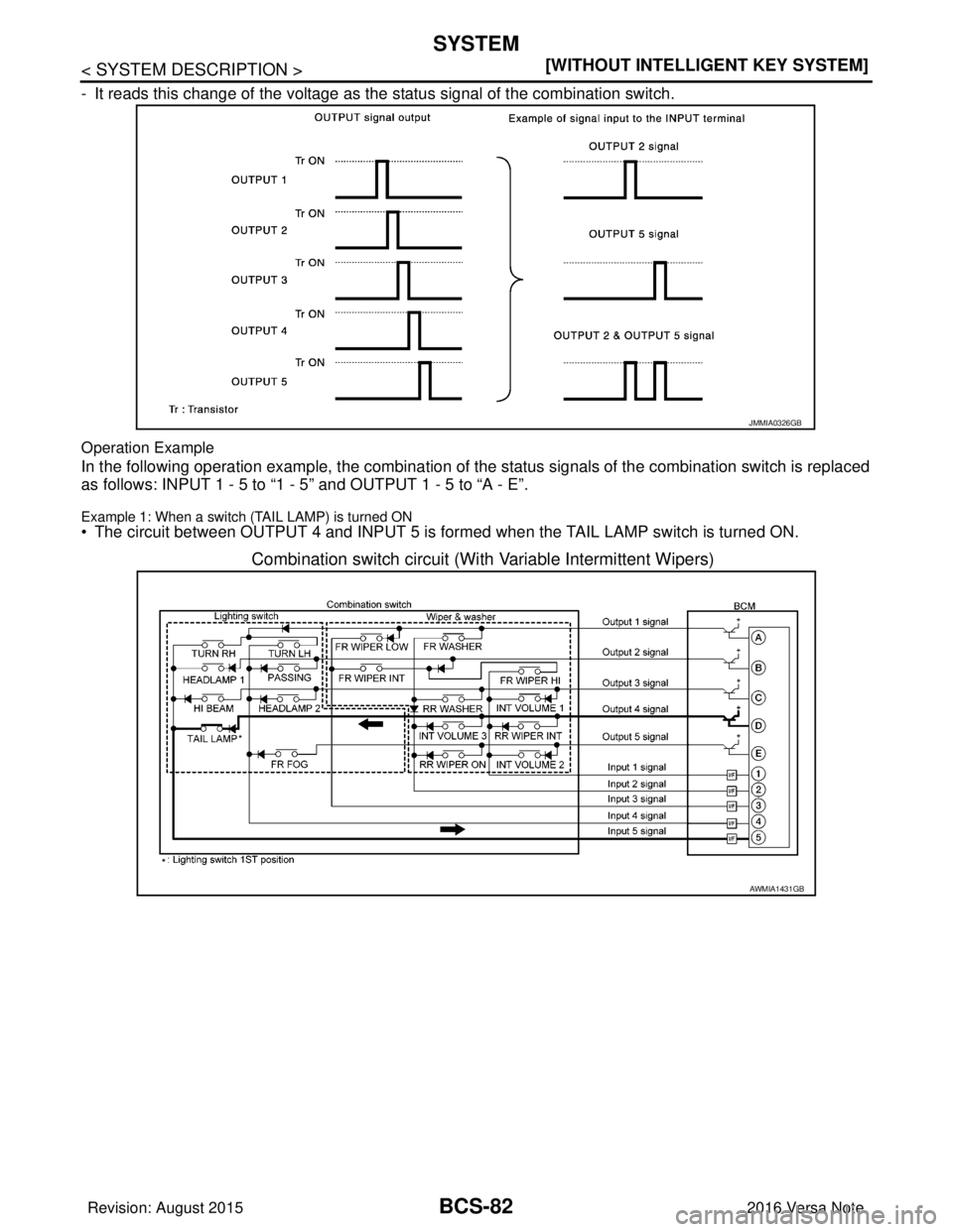 NISSAN NOTE 2016  Service Repair Manual BCS-82
< SYSTEM DESCRIPTION >[WITHOUT INTELLIGENT KEY SYSTEM]
SYSTEM
- It reads this change of the voltage as the 
status signal of the combination switch.
Operation Example
In the following operation