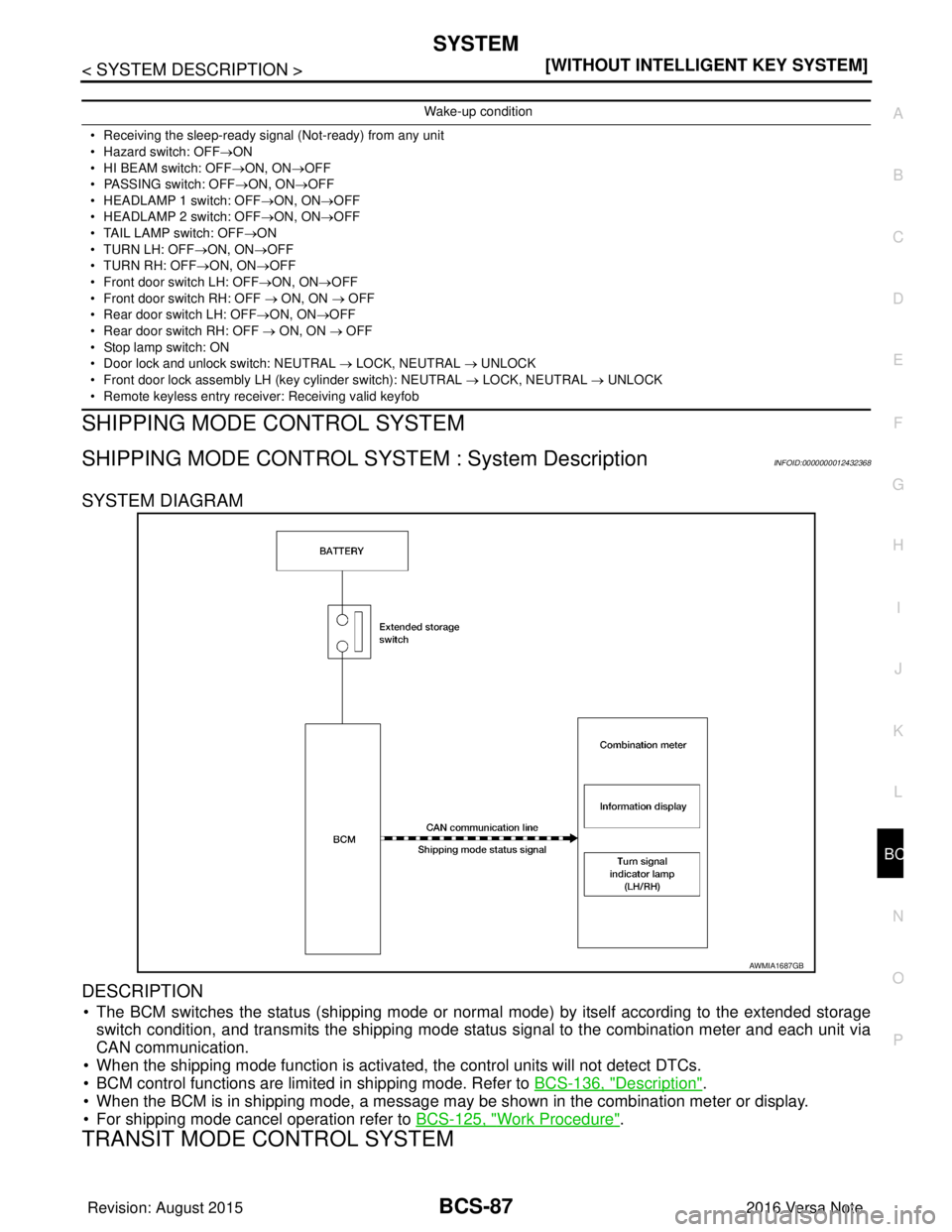 NISSAN NOTE 2016  Service Repair Manual BCS
SYSTEMBCS-87
< SYSTEM DESCRIPTION > [WITHOUT INTELLIGENT KEY SYSTEM]
C
D
E
F
G H
I
J
K L
B A
O P
N
SHIPPING MODE CONTROL SYSTEM
SHIPPING MODE CONTROL SYSTEM : System DescriptionINFOID:000000001243