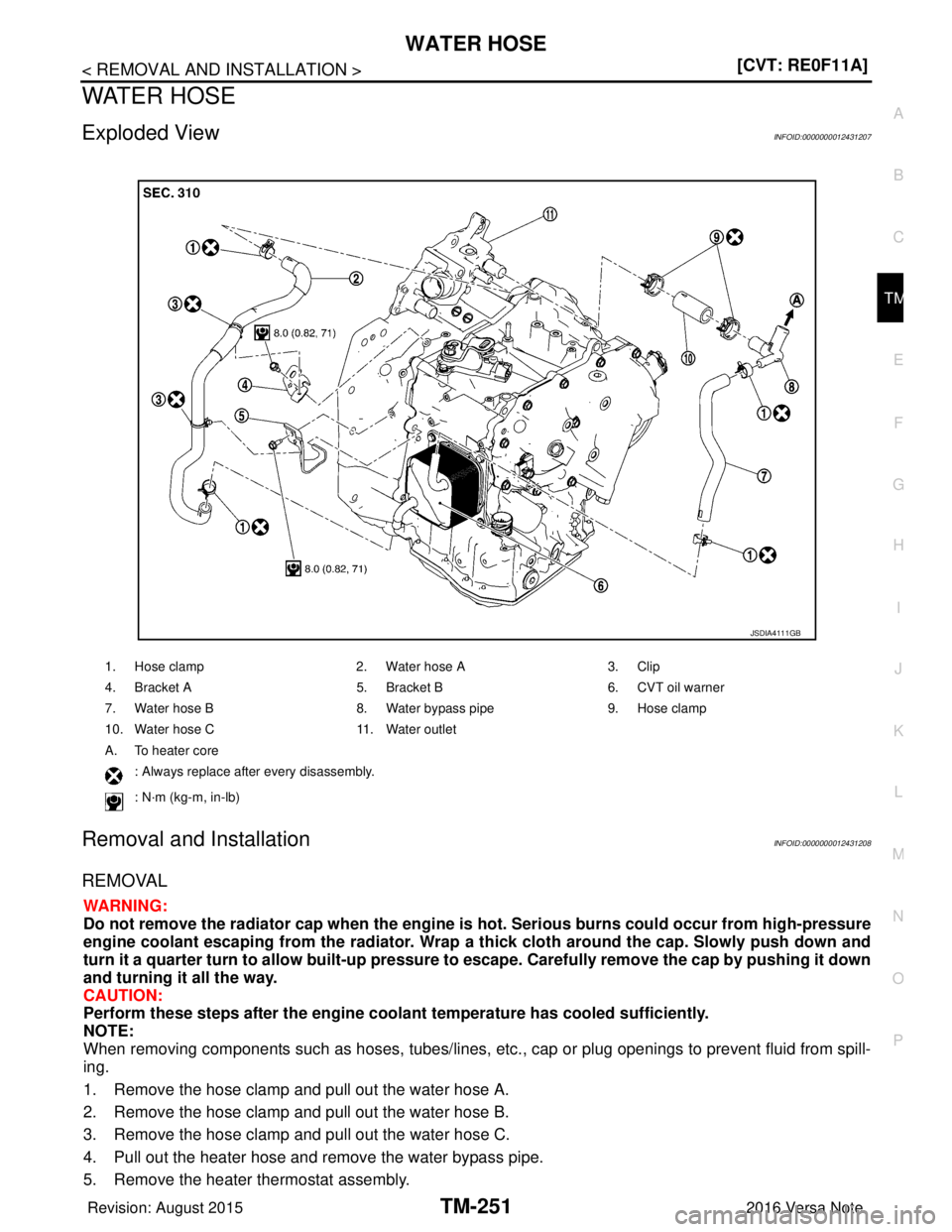 NISSAN NOTE 2016  Service Repair Manual WATER HOSETM-251
< REMOVAL AND INSTALLATION > [CVT: RE0F11A]
C
EF
G H
I
J
K L
M A
B
TM
N
O P
WATER HOSE
Exploded ViewINFOID:0000000012431207
Removal and InstallationINFOID:0000000012431208
REMOVAL
WAR