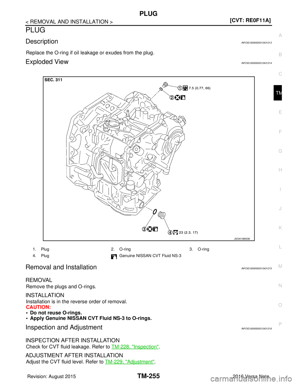 NISSAN NOTE 2016  Service Repair Manual PLUG
TM-255
< REMOVAL AND INSTALLATION > [CVT: RE0F11A]
C
EF
G H
I
J
K L
M A
B
TM
N
O P
PLUG
DescriptionINFOID:0000000012431213
Replace the O-ring if oil leakage or exudes from the plug.
Exploded View