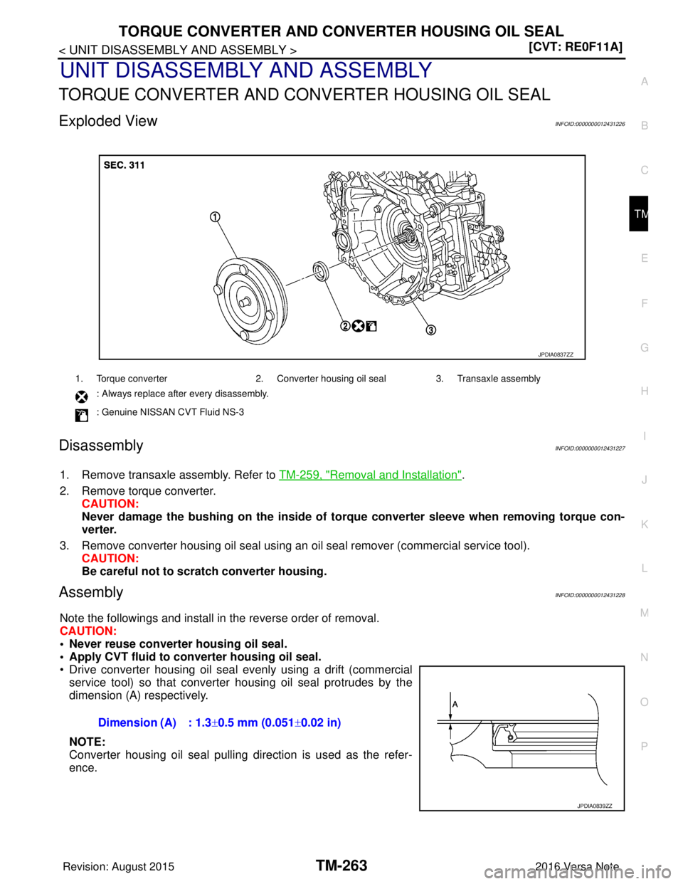 NISSAN NOTE 2016  Service Repair Manual TORQUE CONVERTER AND CONVERTER HOUSING OIL SEALTM-263
< UNIT DISASSEMBLY AND ASSEMBLY > [CVT: RE0F11A]
C
EF
G H
I
J
K L
M A
B
TM
N
O P
UNIT DISASSEMBLY AND ASSEMBLY
TORQUE CONVERTER AND CO NVERTER HOU