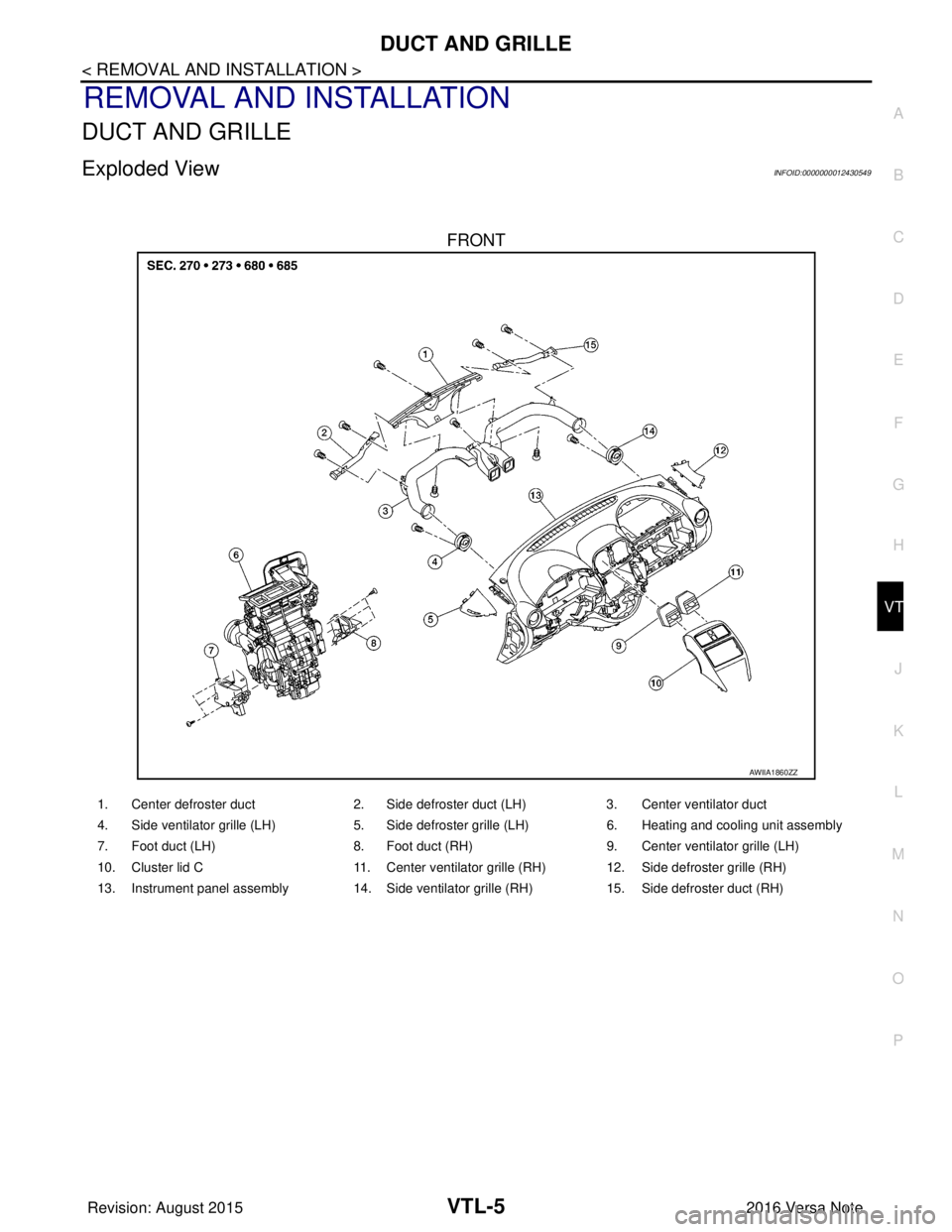 NISSAN NOTE 2016  Service Repair Manual DUCT AND GRILLEVTL-5
< REMOVAL AND INSTALLATION >
C
DE
F
G H
J
K L
M A
B
VTL
N
O P
REMOVAL AND INSTALLATION
DUCT AND GRILLE
Exploded ViewINFOID:0000000012430549
FRONT
AWIIA1860ZZ
1. Center defroster d