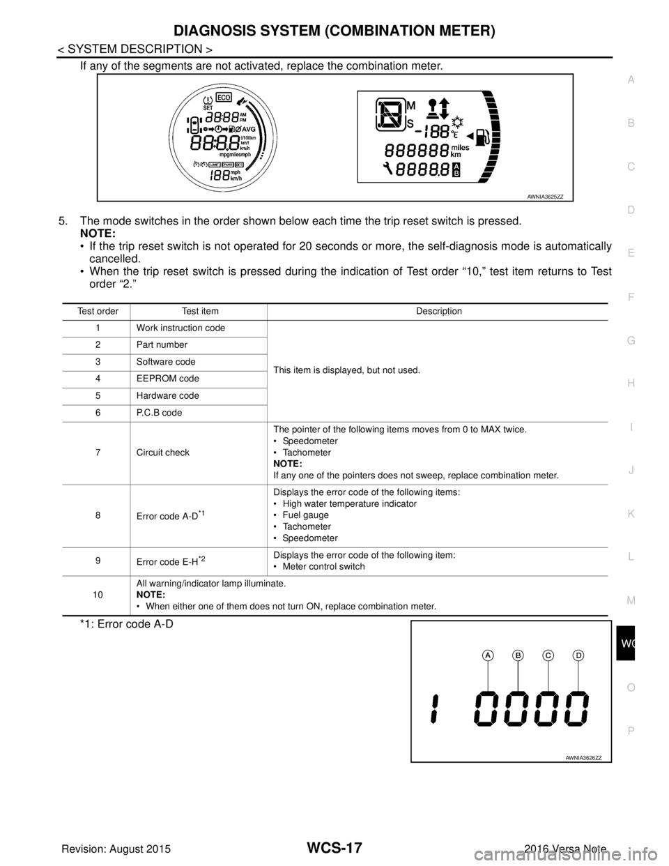 NISSAN NOTE 2016 Service Repair Manual WCS
DIAGNOSIS SYSTEM (COMBINATION METER)WCS-17
< SYSTEM DESCRIPTION >
C
DE
F
G H
I
J
K L
M B A
O P
If any of the segments are not activa ted, replace the combination meter.
5. The mode switches in the NISSAN NOTE 2016 Service Repair Manual WCS
DIAGNOSIS SYSTEM (COMBINATION METER)WCS-17
< SYSTEM DESCRIPTION >
C
DE
F
G H
I
J
K L
M B A
O P
If any of the segments are not activa ted, replace the combination meter.
5. The mode switches in the
