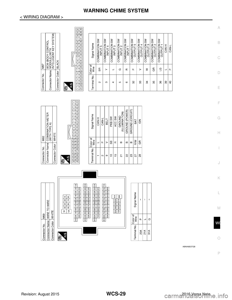 NISSAN NOTE 2016  Service Repair Manual WCS
WARNING CHIME SYSTEMWCS-29
< WIRING DIAGRAM >
C
DE
F
G H
I
J
K L
M B A
O P
ABNIA8037GB
Revision: August 2015 2016 Versa Note

cardiagn.com  